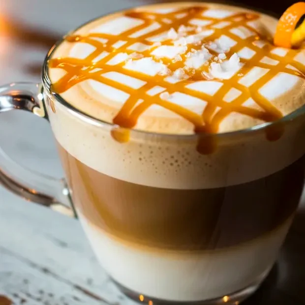 Caramel latte berlapis dengan saus karamel buatan sendiri