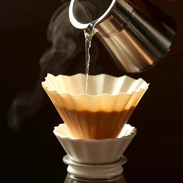 Air panas dituang ke dripper V60 berisi kopi Gayo